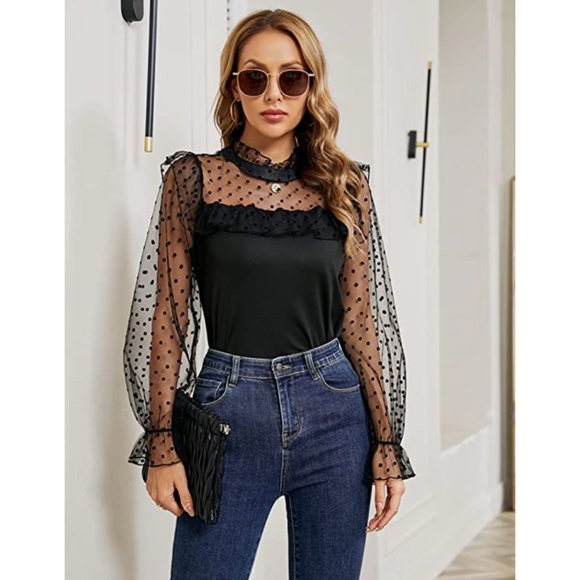 Tops - Black Swiss Polka Dot Ruffle Mesh Puff Sheer Sleeve Long Sleeve Top Blouse